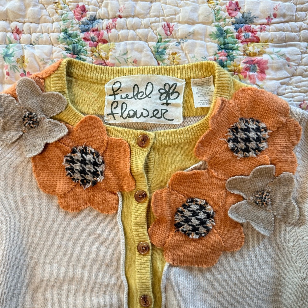 Flower Fields Cream Cardigan Sweater with Orange Floral Appliqué - Large - Picture 6 of 7